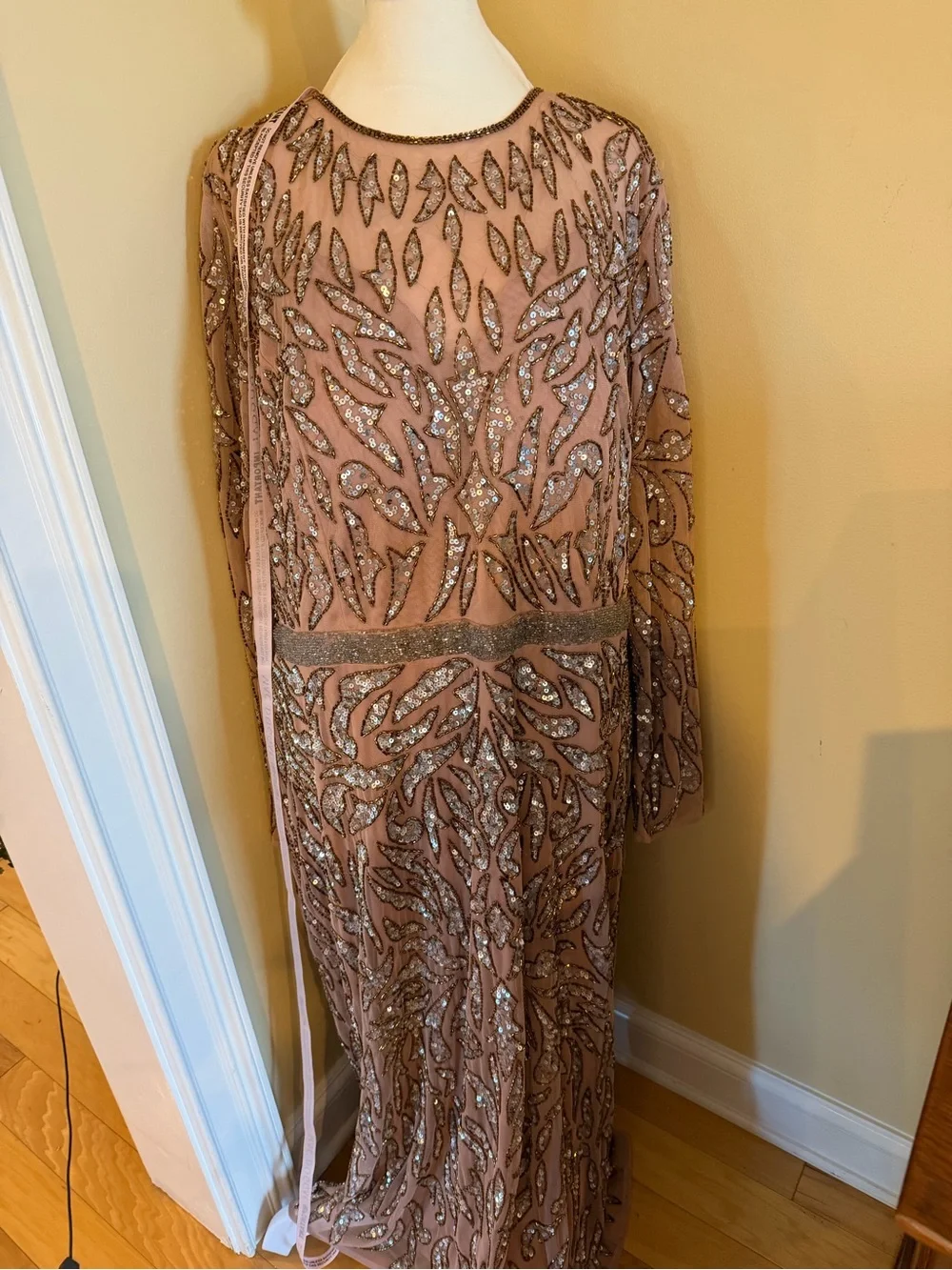 NWT Mac Duggal Size 20 Hand Beaded Sequin Cocktail MIDI Dress Long Sleeve